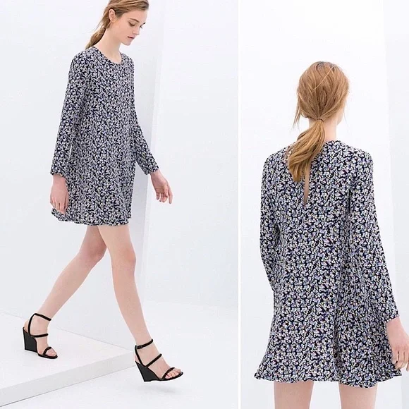 Zara | Dresses | Zara Blue Floral Long Sleeve Mini Dress | Poshmark